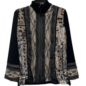 Vintage Coldwater Creek Jacket Petite Medium Black Lace Zip Front Top Artsy